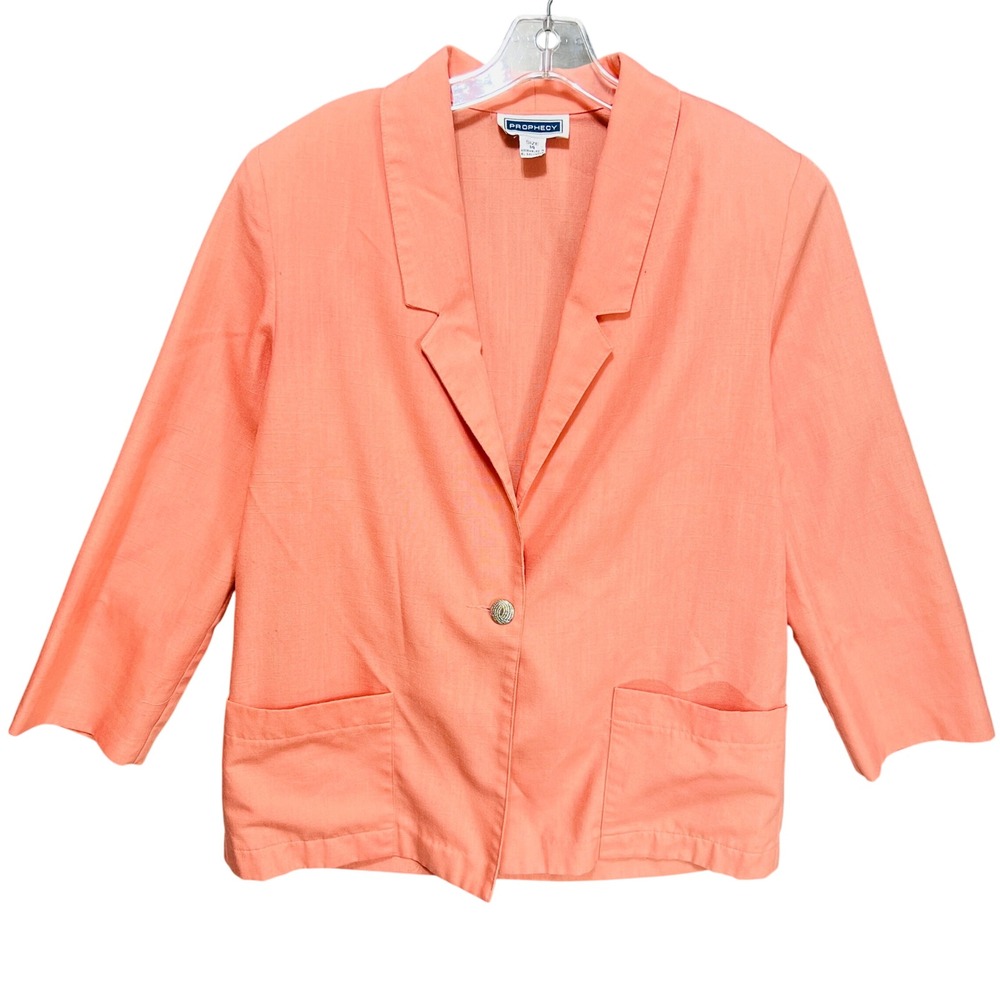 Prophecy VTG Coral Pink Single Button Blazer Jacket Size 14 Linen Look Textured